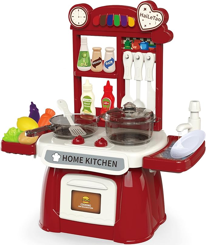 Kitchen Set for Toddler with Sound and Light,Pretend Cooking Food Set,Kids Kitchen Playset,Play Sink with Running Water and Electronic Induction Stove,Kitchen Accessories (red Kitchen Set)