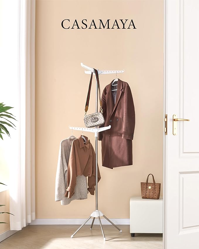 Clothes Drying Rack Foldable, 74.8 inch 2 Tier Laundry Drying Rack with Rotating Clothes Rail for 54 Pieces of Clothes, Space Saving, Indoor, Stainless Steel, White and Silver CDR002W01