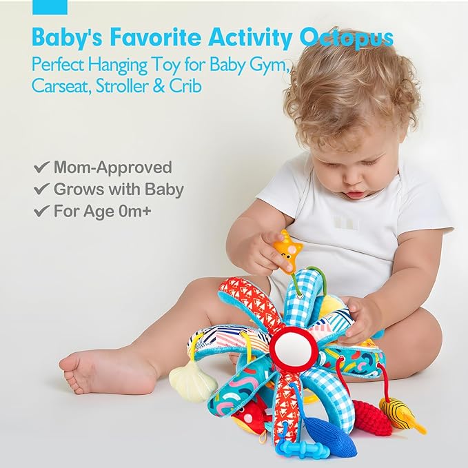 hahaland Baby Toys 0-6 Months - Car Seat Toys Octopus Toy with Pulling Cords, Squeaky, Crinkle, Rattle, Mirror, Montessori Newborn Sensory 4 Month Babies Gift Stroller Carseat Hanging Toy for Baby Gym