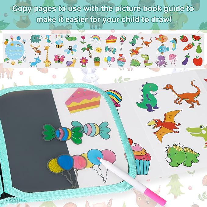 Erasable Doodle Set for Kids - Reusable Magic Drawing Book with 12 Watercolor Pens 14 Page Drawing, Road Trip Car Game Writing Painting Set for Boys and Girls (Foxes)