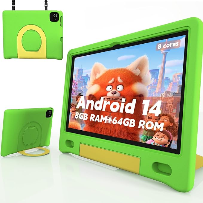 Kids Tablet with Strap, Android 14 Tablet for Kids 10 inch, Toddler Tablets Octa-Core 64GB 1TB Expandable, Children's Tablets with Case, Bluetooth WiFi Parental Control Dual