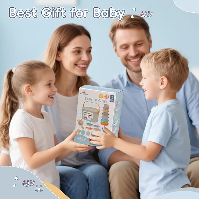 Bath Toys, 21PCS | Montessori Toys for Babies with Shapes for Sorting Play & Stacking Cups | Bath Boats & Spoon with Storage Container | Educational & Mold Free Bathtub Water Toys for Toddler Gifts