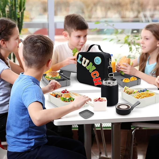 Insulated Lunch Bag for Boys Girls with 10oz Thermo, with 6 Compartment Bento Box, Black Nylon Preppy Lunch Box Adjustable Strap for Boy Girl Kids Teens School Travel Picnic