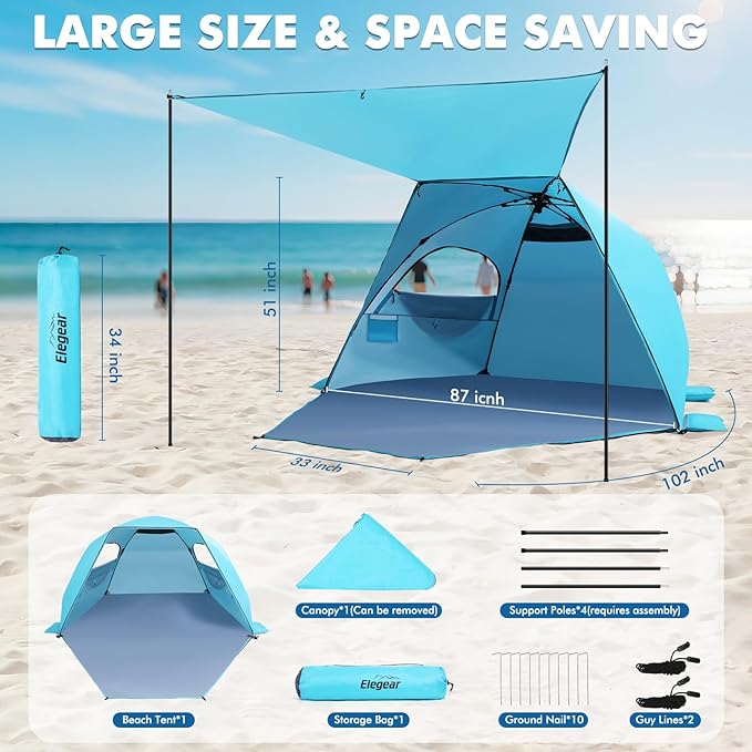 Elegear Beach Tent with Canopy, 1-Second Setup Pop Up Sun Shelter Shade, UPF 50+ UV Protection Silver-Coated Lightweight Portable Beach Cabana