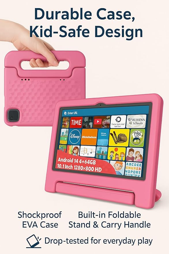 10.1" Kids Tablet Android 14 | 64GB Octa-Core 8GB RAM | Shockproof Case & Parental Control | 12H Fast Charge | HD Display w/Google Kids Space & Educational Apps | WiFi 6/Bluetooth/GPS | Ages 3-12