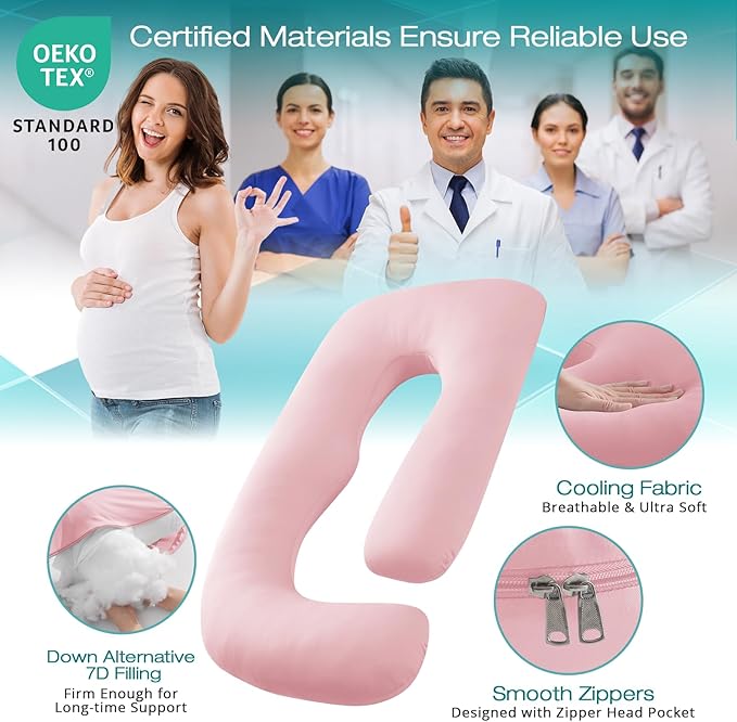 Sasttie Pregnancy Pillows for Sleeping, Jumbo U Shaped Cooling Full Body Pillow with Removable Cover, Pregnant Women Must Haves, Maternity Essential, Light Pink