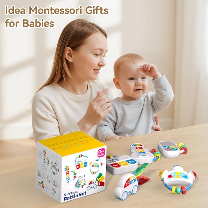 Baby Toys 0-6-12 Months: 5 in 1 Infant Musical Rtattle Teething Toys Sensory Learning Toys with Sounds, Newborn Shower Gifts for Boys & Girls
