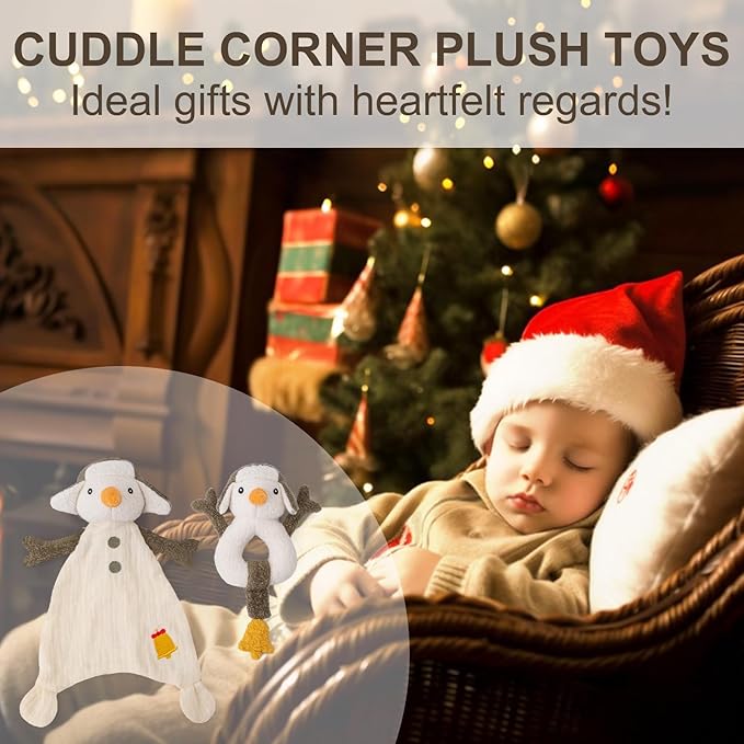 Organic Cotton Stuffed Animal Rattle Baby Toys, Plush Snowman Cuddle Cloth and Hand Grip Ring Rattles Plush Toy Set for Newborns Infant Boys Girls, 2 PCS