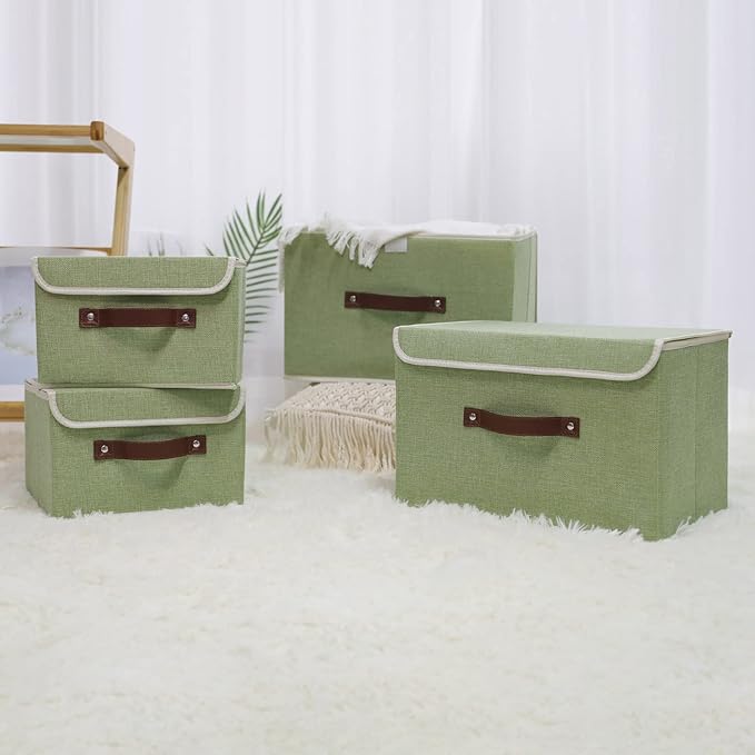 ANMINY 4PCS Storage Bins with Lid PU Leather Handles Storage Boxes PP Plastic Board Decorative Foldable Lidded Cotton Linen Fabric Home Cubes Baskets Closet Organizer Containers - Green, Small Size