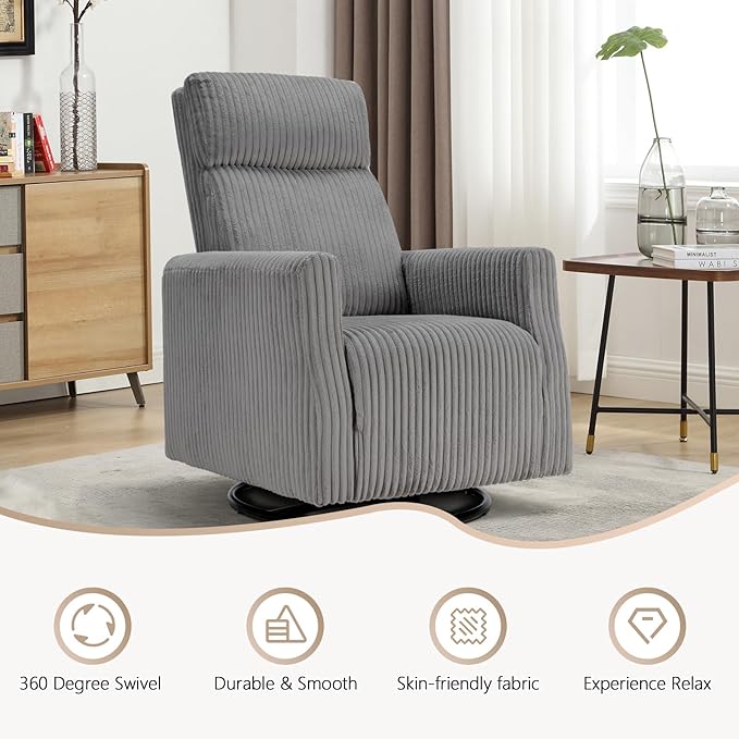 CANMOV Swivel Rocker Chair Set of 2, Swivel Accent Chair with High Back and Arms, Corduroy Glider Chair for Living Room Bedroom Nursery, Grey