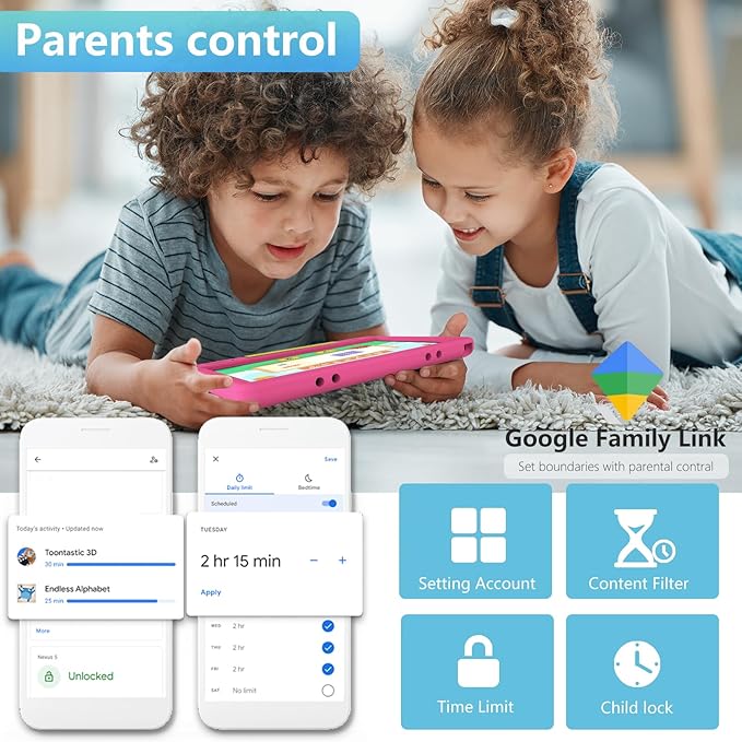 Tablet for Kids 10.1 inch Android 14 6000mHA 8GB RAM+64GB ROM(Expandable to 1TB Kids Tablet Age 3-12 with Case& Lanyard WiFi6 Google Kids Space Parental Control 1280 * 800 HD Screen Pink