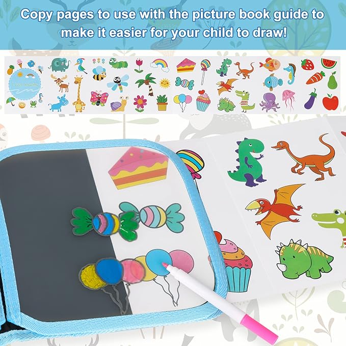 Erasable Kids' Doodle Set, Magic Drawing Book, Reusable 12 Watercolor Pens, 14 Page Car Game Set (Owl Blue)