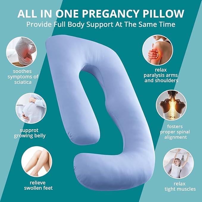 Sasttie Pregnancy Pillows for Sleeping, Jumbo U Shaped Cooling Full Body Pillow with Removable Cover, Pregnant Women Must Haves, Maternity Essential, Light Blue