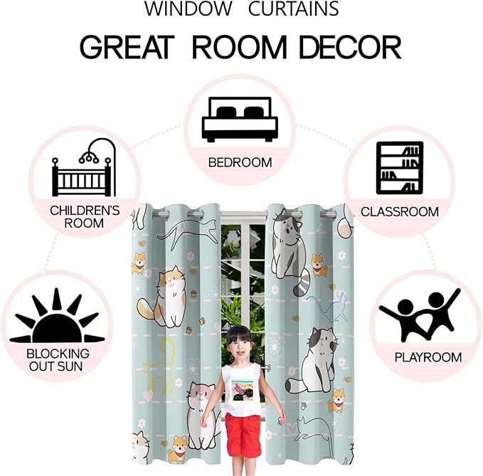 Cartoon Cat Blackout Curtains for Girls Room - Grommets Top, Animal Themed, Thermal Insulated Panels for Bedroom, Nursery Decor, 82 in x 84 in