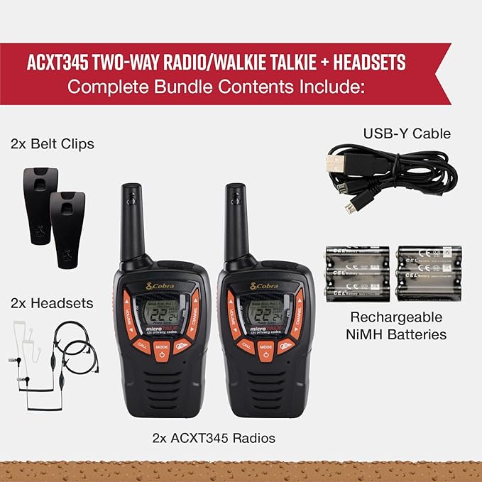 Cobra ACXT345 Weather-Resistant Walkie Talkies & Compatible Cobra Surveillance Headset - Rechargeable, 22 Channels, Long-Range, 2 Two-Way Radios, 2 Headsets, Black/Orange