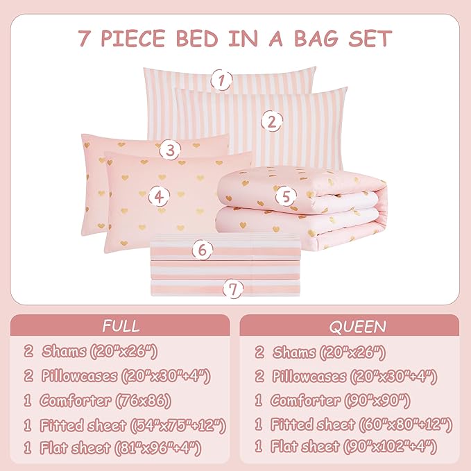 Queen Comforter Set with Sheets for Girls-7 Pieces Queen Bedding Sets with Pink Comforter, Sheets, Pillowcases & Shams for Kids (Pink Gold Heart, 90" X 90")