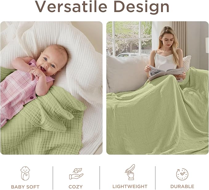 Threadmill Muslin Queen Blankets | Soft, Cozy and Breathable Muslin Throw for Bed | 4-Layer Gauze Blanket for All Seasons | Lightweight Blanket Fits Full Size Bed | Sage Green