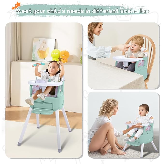 4 in 1 Portable Baby High Chair,Convertible Highchair for Babies and Toddlers-Foldable Infant Booster Seat,Carry Small Box,Dining Chair,Toddler High Chair with 5-Point Harness,Removable Tray-Green