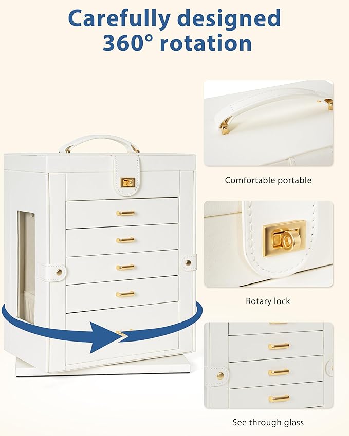AKOZLIN Jewelry Box 6-Tier Organizer Functional 360° Rotating Jewelry Storage Case for Women Girls Ring Necklace Earring Bracelet Holder with Mirror
