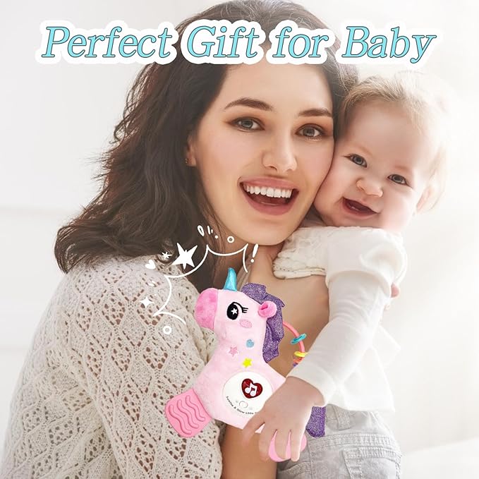 Baby Musical Activity Soft Toys with Sound & Light, Sensory Toys for Infant Developmental with Teether, Rattle and Textures, Soft Plush Toy for Newborn Gift 6 to 12 Months (Pink Unicorn)