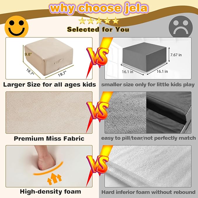 jela Foam Blocks 6Pcs Soft Play Equipment Luxury Miss Fabric, Toddler Climbing Toys Indoor Soft Play Climbing for Toddlers, Lightweight Climbing Blocks for Babies, Kids, Climb and Crawl Foam Playset