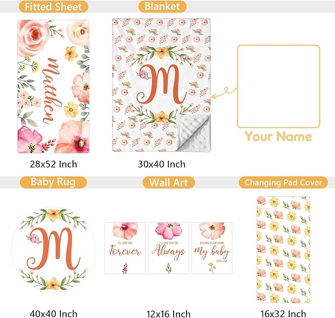Custom Baby Bedding Set - 5 Pcs Customized Nursery Bedding Set with Name - Comfortable Double Layer Crib Sets for Girls Boys - Personalized Gifts for Toddler Infant New Parents - Orange Flowers