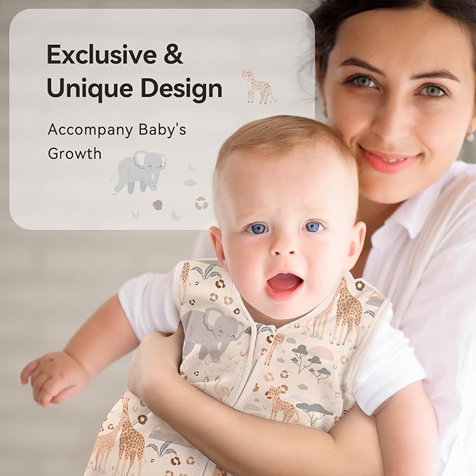 Baby Sleep Sack 18-24 Months 0.5 Tog Wearable Blanket Baby, 3 Pack 100% Cotton Lightweight Sleeping Sack with 2-Way Zipper for Infant Toddler Apricot Gray Green Elephant