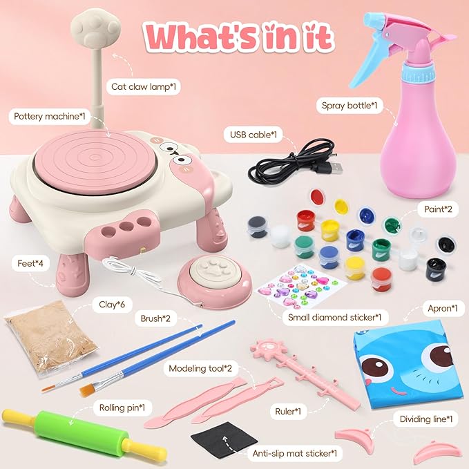 Skirfy Pottery Wheel for Kids Beginners with Light,Arts and Crafts for Kids Ages 8-12,Ceramic Wheel with Painting Kit, Adjustable Speed,Birthday Christmas Thanksgiving Gift for Girls Boys Age 6+