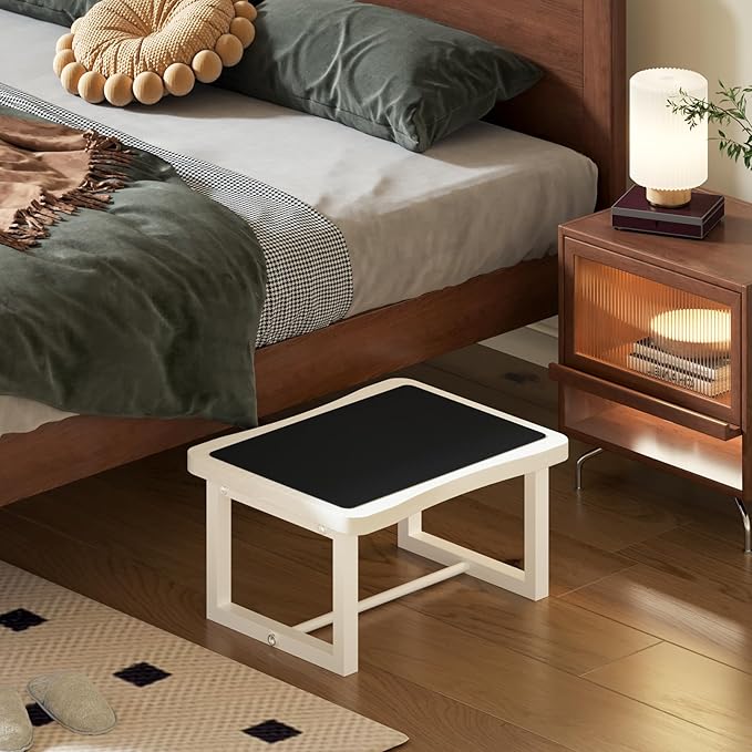 Wooden Step Stool with 500 Pounds, Wide Bed Step Stool for Adults,Wood White Step Stool&Stable Solid Metal Frame for Kitchen, Bedroom, Living Room, Bathroom