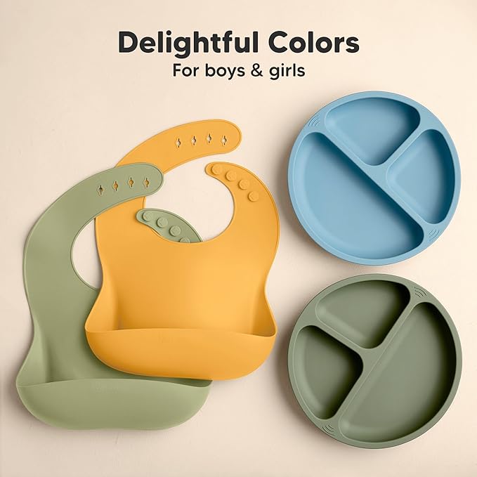 KeaBabies 2-Pack Silicone Baby Bibs for Eating - Sturdy Food-Grade Silicone Bibs for Babies Girl, Boy, Large Food Catcher, Clean & Put On Easily, Waterproof Toddler Feeding Essentials (Harvest)