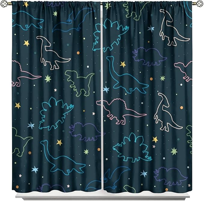Cartoon Colorful Dinosaur Curtains for Kids Boys Girls Home Decor, Astronaut Funny Outer Space Star Blackout Rod Pocket Window Drapes for Bedroom Living Room W21xL63in 2 Panels
