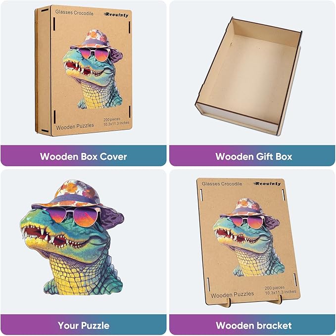 Cool Wooden Puzzle for Adults 500 Piece, Glasses Crocodile Wooden Jigsaw Puzzles, Beautiful Wooden Puzzle with Box Birthday Gifts for Adults and Kids Family Game(16 * 17.6in)