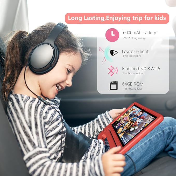 Tablet for Kids Age 3-12 10.1 inch Android 14 6000mAh 8GB RAM+64GB ROM(Expandable to 1TB Kids Tablet WiFi6 Google Kids Space Parental Control 1280 * 800 HD Screen - Red