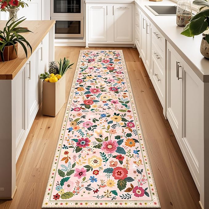 Floral 2x6 Area Rug Machine Washable Soft Print Boho Carpet Non Slip Doormat Low Pile Flower Area Rugs for Living Room Bedroom Nursery Kitchen Dining Room Indoor-Pink
