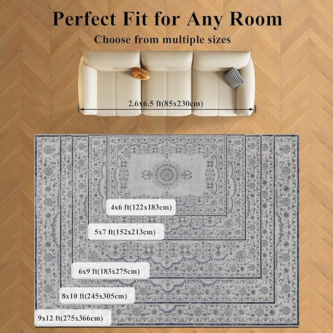 Washable Area Rugs 8x10, Large Rugs for Living Room, Carpet for Bedroom, Soft Faux Wool Retro Dining Room Rug, Non-Slip Backing Resistant Low Pile Vintage Print Rug for Home Office (Grey/Blue)