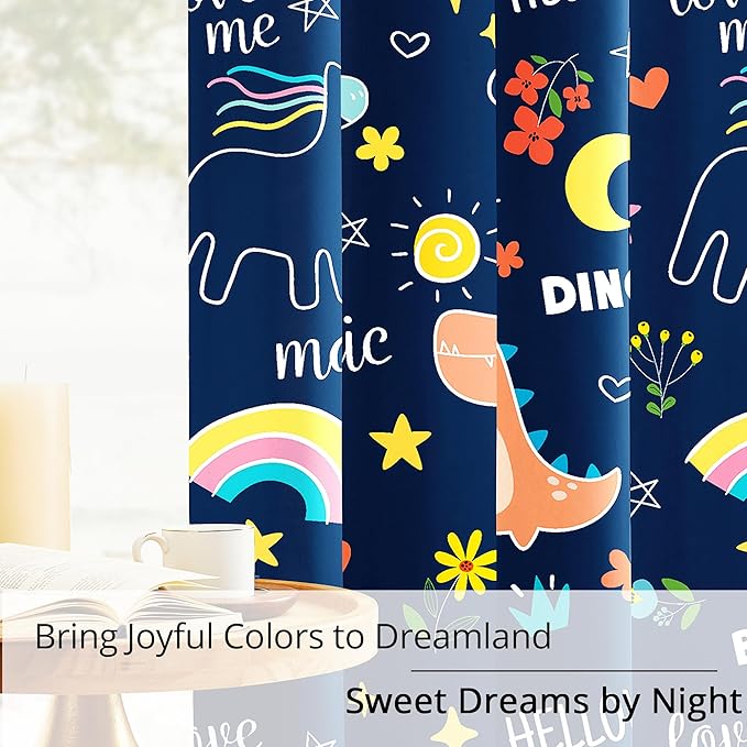 100% Blackout Curtains for Kids - Adorable Dinosaur & Unicorn Pattern, 2Panels, Each W52xL63, Thermal Insulated Noise-Reducing Drapes for Nursery, Bedroom, Playroom - Fun & Colorful Design
