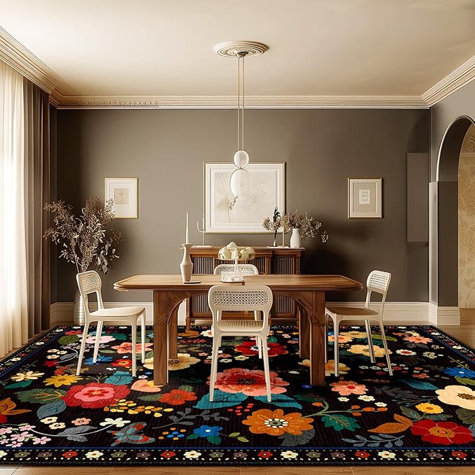 Floral 8x10 Area Rug Machine Washable Soft Print Boho Carpet Non Slip Doormat Low Pile Flower Area Rugs for Living Room Bedroom Nursery Kitchen Dining Room Indoor-Black