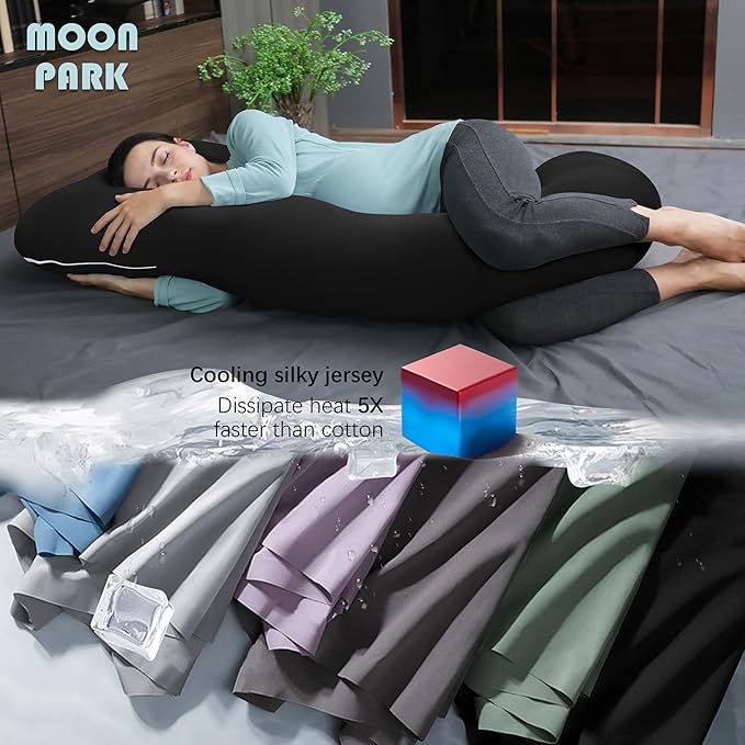 MOON PARK Pregnancy Pillows for Sleeping - U Shaped Full Body Maternity Pillow with Removable Cover - Support for Back, Legs, Belly, HIPS - 65 Inch - Black - Cooling Cover