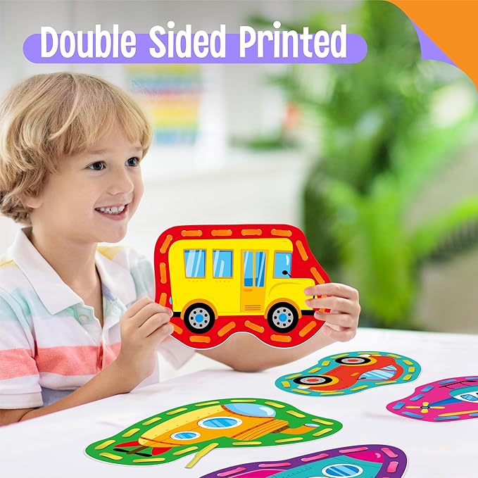 9 Pieces Kids Lacing Cards, Double Sided Vehicle Sewing Cards with 9 Colorful Laces, Imagination Development Lacing Toys Games for Children Educational and Learning Activity