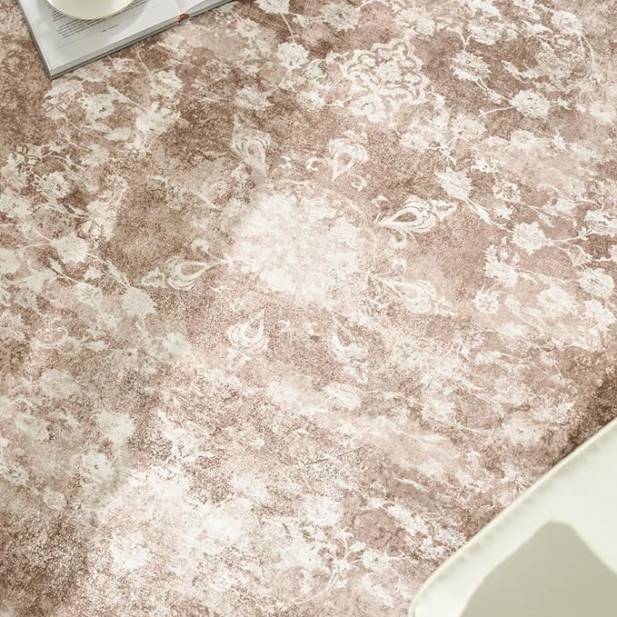 jinchan Round Rug 5ft Area Rug - Brown Vintage Floor Mat Kitchen Indoor - Washable Circle 5' Thin Floral Print Carpet Retro Farmhouse Non Slip Dining Room Living Room Bedroom Office