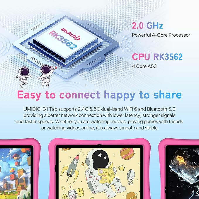 UMIDIGI Kids Tablet, G1 Tab Android PC, 10.1" Tablet for Kids, 4+4G+64G up to 1TB, WiFi 6, 8MP+8MP Dual Camera, Quad-Core, 6000mAh, BT5.0, TÜV Eye Bluelight, Parental Control