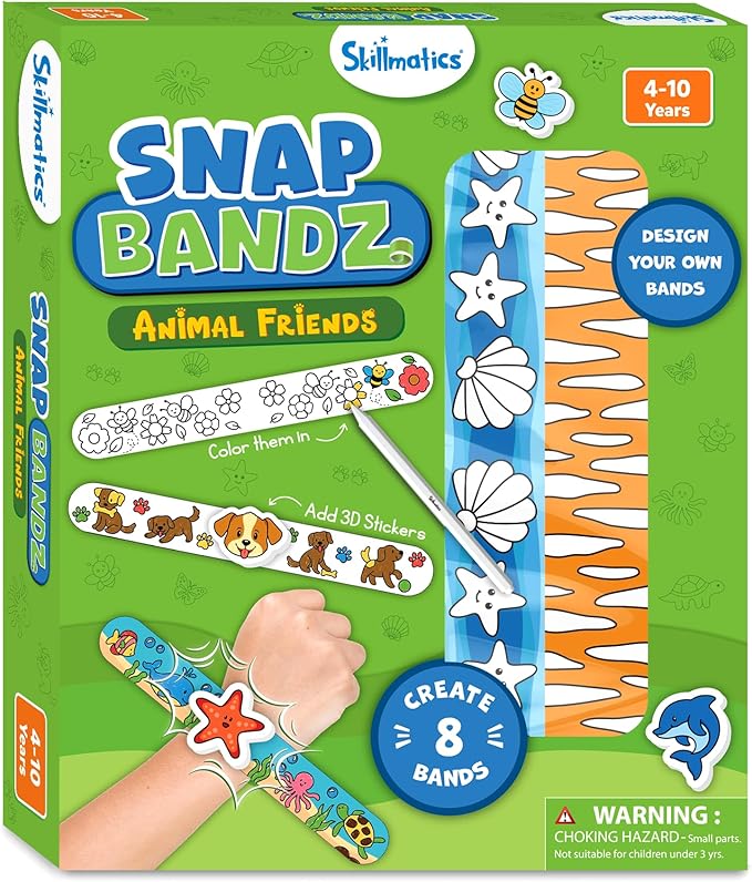 Skillmatics Craft Activity - Snap Bandz, Animals, DIY Jewelry Art & Craft Activity, Mess-Free, Creative Kit, 8 Bands (8.6"), Gifts for Boys & Girls Ages 4, 5, 6, 7, 8, 9, 10