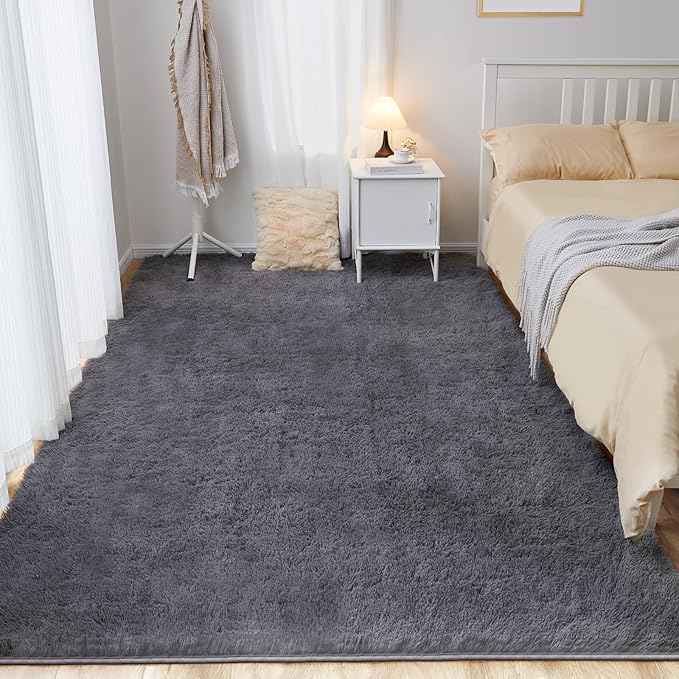 Ultra Soft Grey Rugs for Living Room, 5x7 Fluffy Plush Area Rugs for Bedroom, Non-Slip Floor Carpet for Kids Room, Bedside, Playroom, Corridor, Indoor Decor