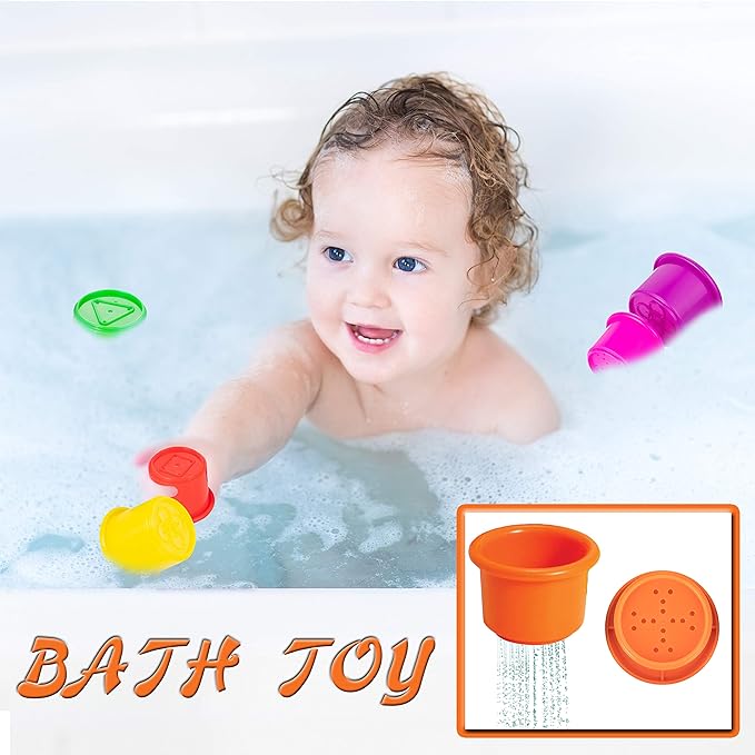 Colorful Stacking & Nesting Cups - 8 Cups Fun Color Learning Toy - Great Bath & Beach Toy for Baby Toddler & Kids - Preschool Game