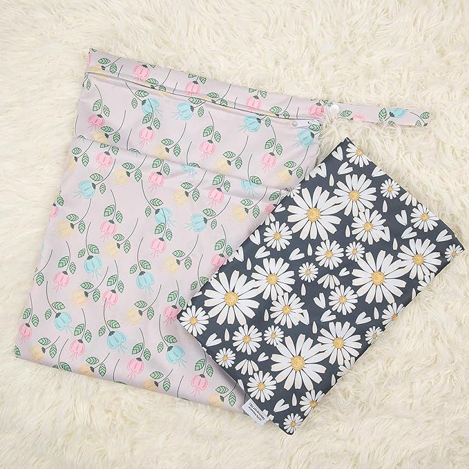 ALVABABY 2pcs Cloth Diaper Wet Dry Bags Waterproof Reusable with Two Zippered Pockets Travel Beach Pool Daycare Soiled Baby Items Yoga Gym Bag for Swimsuits or Wet Clothes L0821