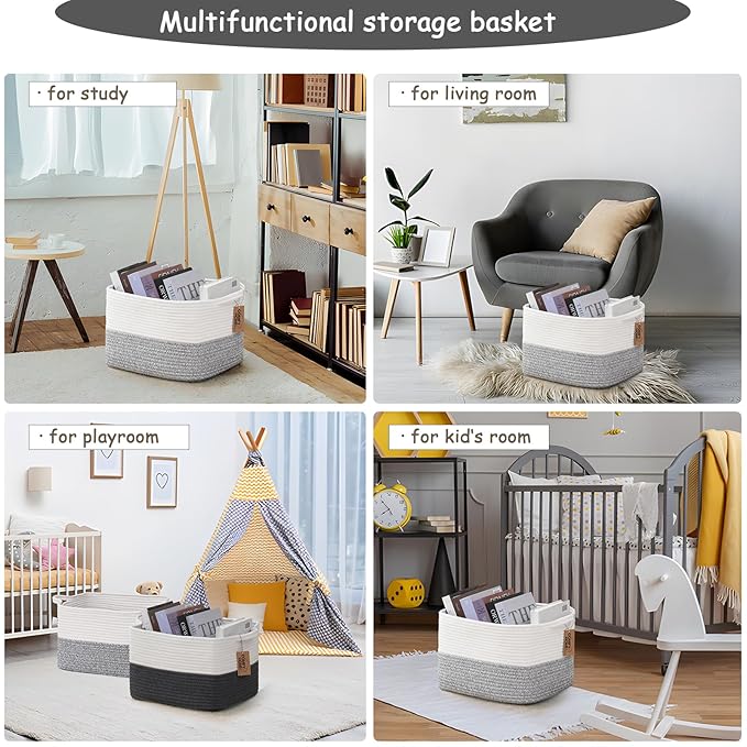COMFY-HOMI Cotton Rope Woven Basket with Handles for Shelves,Toys,Book, Cloth Storage Baskets Bin for Organizing-13.5"x11"x9.5" Toy Decorative Organizer for Living Room, Bathroom-White/Grey