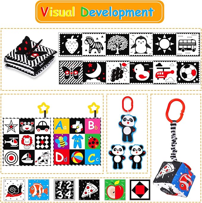 4 PCS Black and White High Contrast Baby Toys 0-3-6 Months Newborn Essential Montessori Toy for Babies Crinkle Sensory Book Brain Development Tummy Time Mirror Infant Carseat Rattle Easter Shower Gift