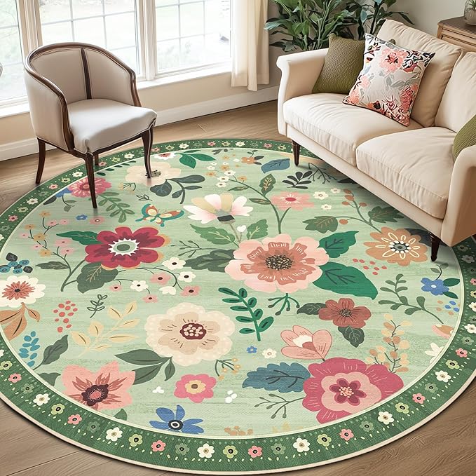 Floral 4ft Area Rug Machine Washable Soft Print Boho Carpet Non Slip Doormat Low Pile Flower Area Rugs for Living Room Bedroom Nursery Kitchen Dining Room Indoor-Light Green