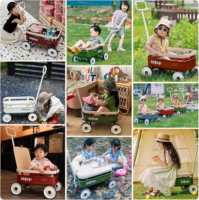 PULA-Wild 3-in-1 Kids' Pull-Along Wagon Toddlers Push Walker for 2.5-8, Removable Wooden Cover and Adjustable Handlebar, Birthday Gifts Max Weight 33 lbs (Green)