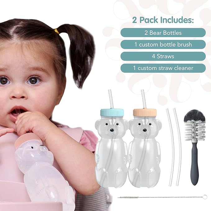 Honey Bear Straw Cup for Babies, 8oz Honey BearCup with Bottle Brush, 2-Pack Improved Lid Therapy Learning Honeybear Straw Cup for Baby, Blizzard & Creamsicle